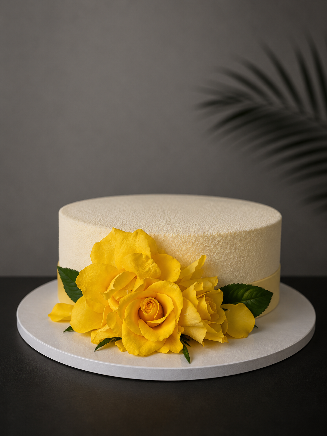 Minimalistinis tortas su geltonomis rožėmis